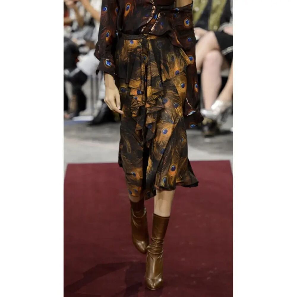 Givenchy Brown Peplum Midi Skirt with Blue Peacock-Print Accents